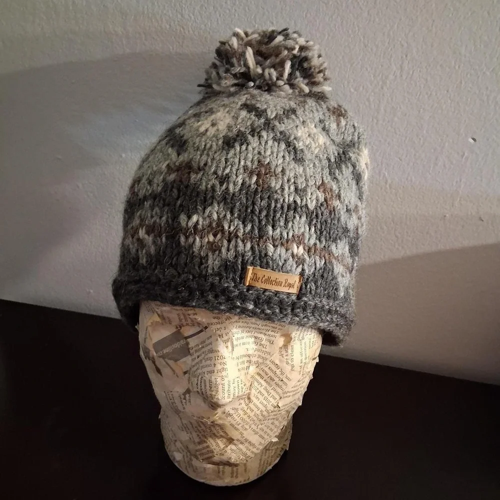 Womens Wool gray, brown, and beige knit beanie with pom pom
